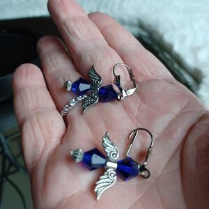 BLUE BEADED Angel‎ Silver Dangle Earrings Handmade